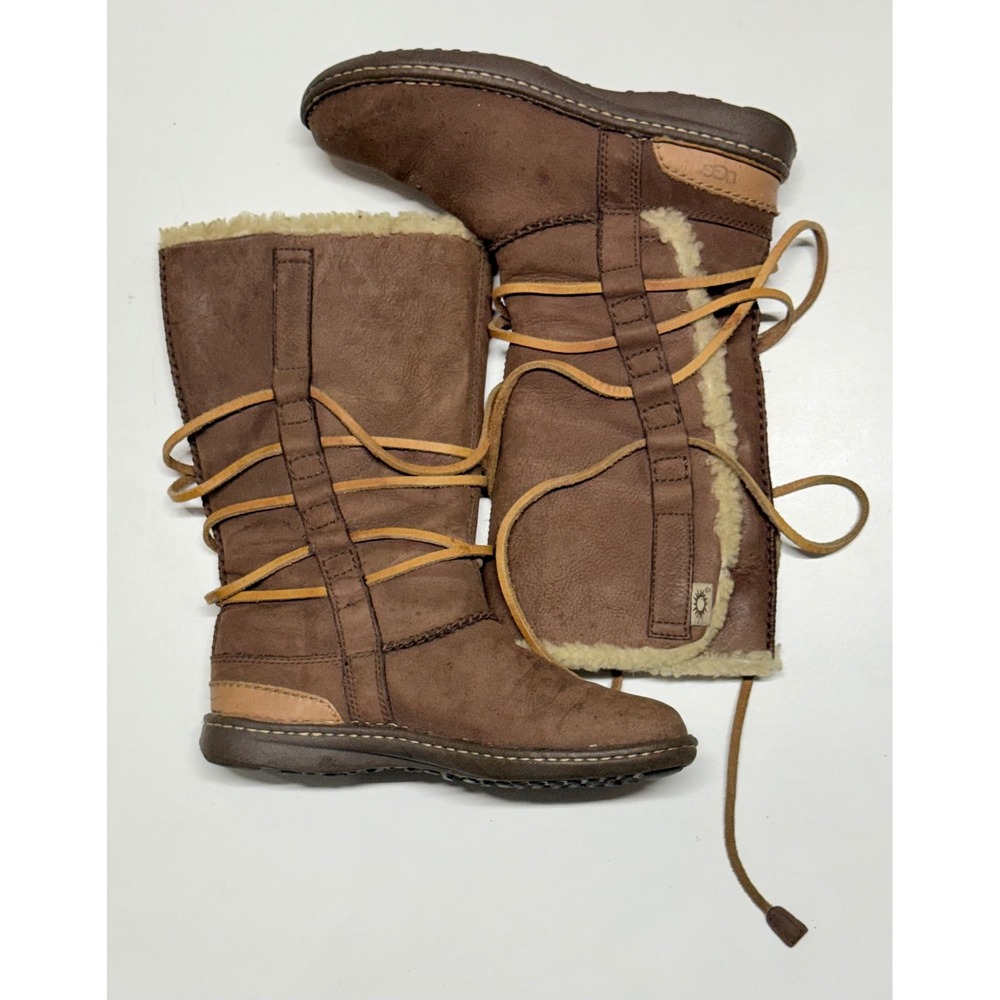 UGG Australia Sunburst Tall Brown Suede Lace Up Shearling Boots 1634 Womens 7